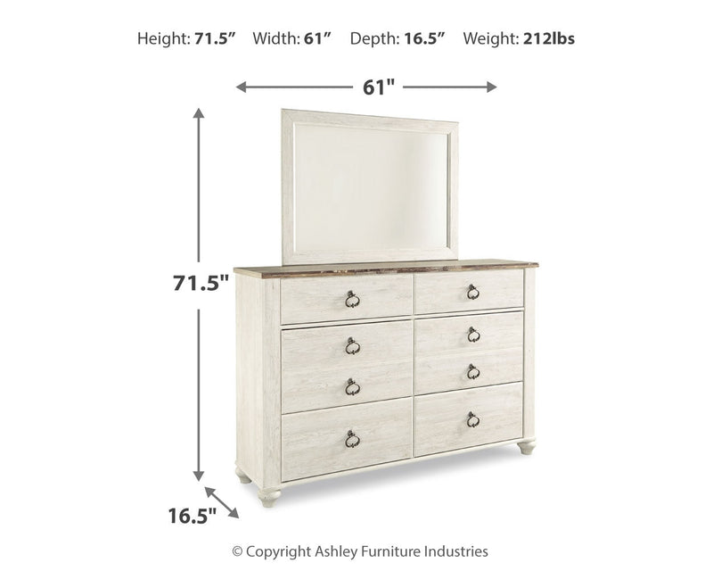 Willowton Queen Panel Bed with Mirrored Dresser and Nightstand in Whitewash - PKG020108