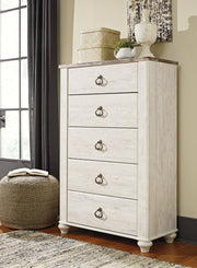 Willowton Queen Panel Bed with Mirrored Dresser, Chest and 2 Nightstands in Whitewash - PKG004473