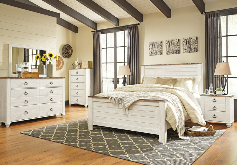 Willowton Queen Panel Bed with Mirrored Dresser, Chest and Nightstand in Whitewash - PKG004434