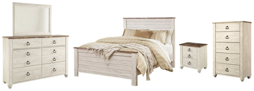Willowton Queen Panel Bed with Mirrored Dresser, Chest and Nightstand in Whitewash - PKG004434