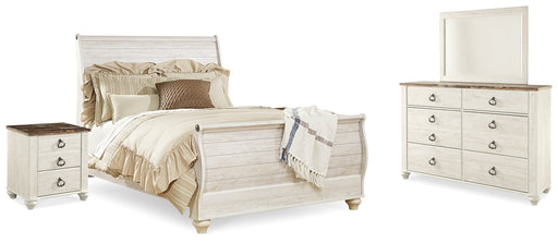 Willowton Queen Sleigh Bed with Mirrored Dresser and 2 Nightstands in Whitewash from Ashley - DMV Furniture