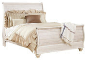 Willowton Queen Sleigh Bed with Mirrored Dresser, Chest and 2 Nightstands in Whitewash - PKG004472
