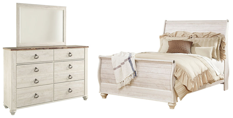 Willowton Queen Sleigh Bed with Mirrored Dresser in Whitewash - PKG004327