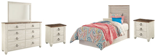 Willowton Twin Panel Headboard Bed with Mirrored Dresser and 2 Nightstands in Whitewash from Ashley - DMV Furniture