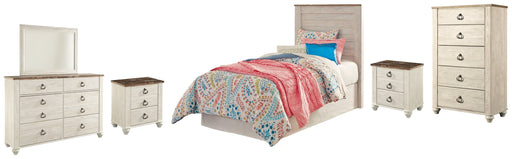 Willowton Twin Panel Headboard Bed with Mirrored Dresser, Chest and 2 Nightstands in Whitewash from Ashley - DMV Furniture