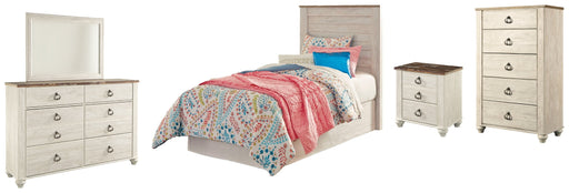 Willowton Twin Panel Headboard Bed with Mirrored Dresser, Chest and Nightstand in Whitewash from Ashley - DMV Furniture