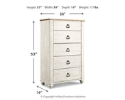 Willowton Whitewash Full Panel Bed, Dresser, Mirror, 2 Chests and nightstand - B267B40