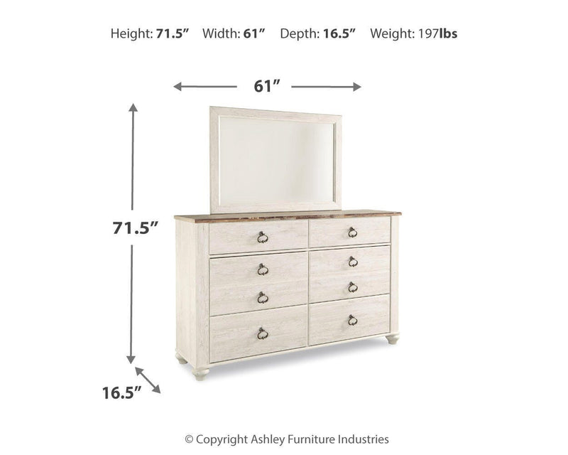 Willowton Whitewash Queen Bed, Dresser, Mirror and Chest - B267B58