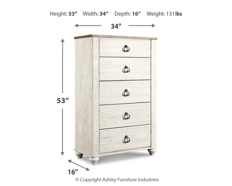 Willowton Whitewash Queen Sleigh Bed, 2 Dressers, Mirror, Chest and 2 Nightstands - B267B39