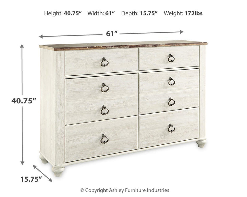 Willowton Whitewash Queen Sleigh Bed, Dresser and Nightstand - B267B59