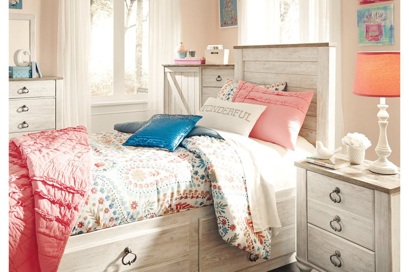 Willowton Whitewash Twin Panel Bed with 2 Storage Drawers - DMV FurnitureTwin Bed