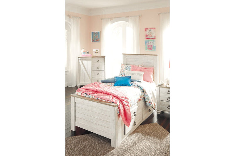 Willowton Whitewash Twin Panel Bed with 2 Storage Drawers - DMV FurnitureTwin Bed