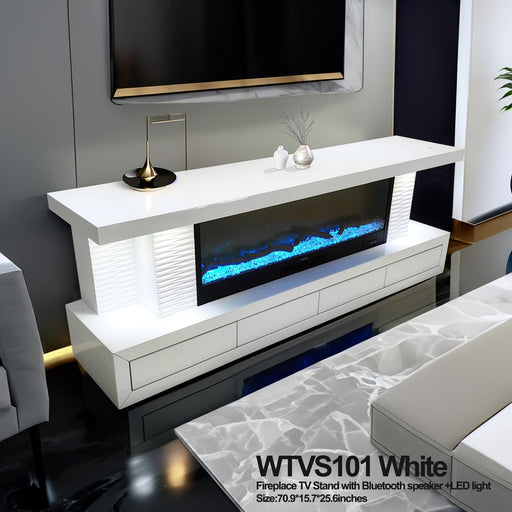 WTVS101 71X16X26 INCHES WHITE TV STAND FIREPLACE WITH BLUETOOTH SPEAKERS - 210000007812