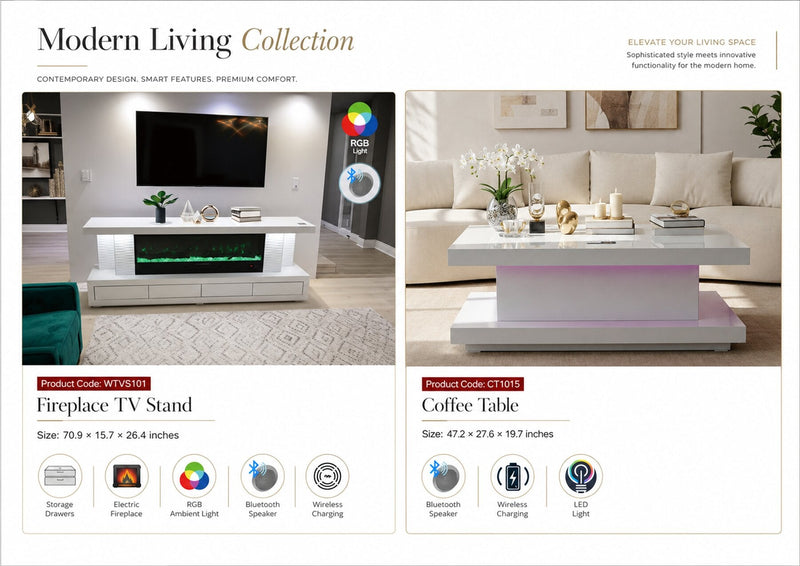 WTVS101 71X16X26 INCHES WHITE TV STAND FIREPLACE WITH BLUETOOTH SPEAKERS - 210000007812