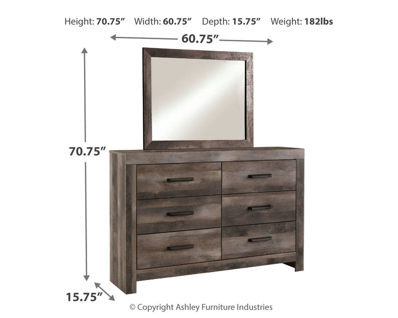 Wynnlow King Crossbuck Panel Bed with Mirrored Dresser, Chest and Nightstand in Gray - PKG005695