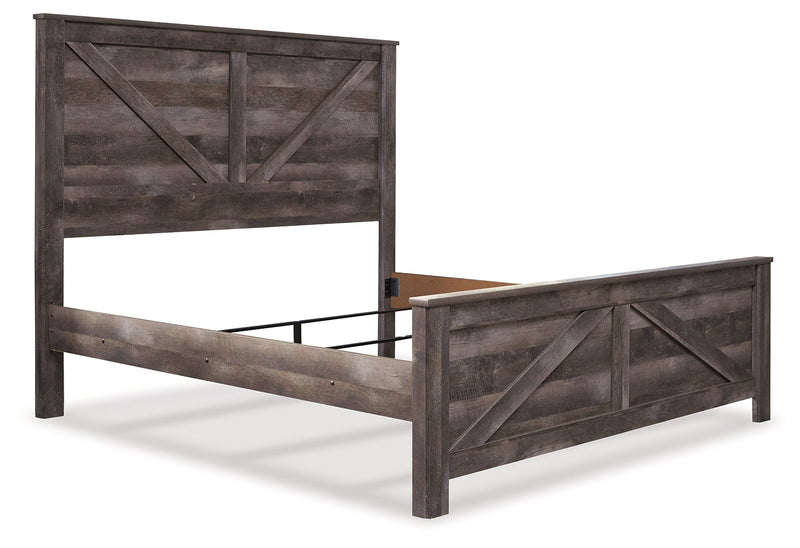 Wynnlow King Crossbuck Panel Bed with Mirrored Dresser, Chest and Nightstand in Gray - PKG005695