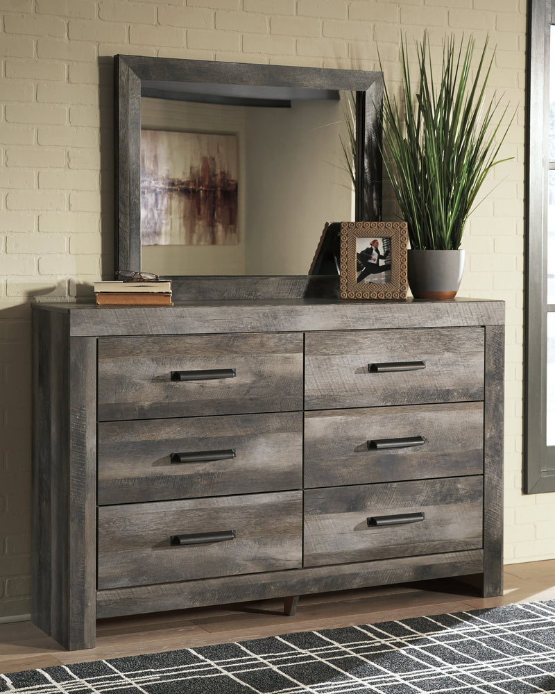 Wynnlow Queen Crossbuck Panel Bed with Mirrored Dresser, Chest and 2 Nightstands in Gray - PKG006369
