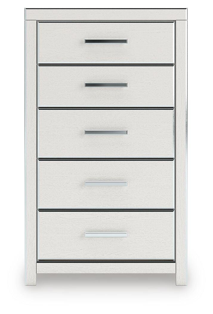 Zuraleus King Upholstered Panel Bed, Dresser, Mirror, Chest and Nightstand in White - PKG022836