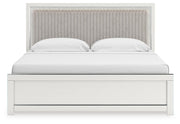 Zuraleus King Upholstered Panel Platform Bed, Chest and  Nightstand in White - PKG022817