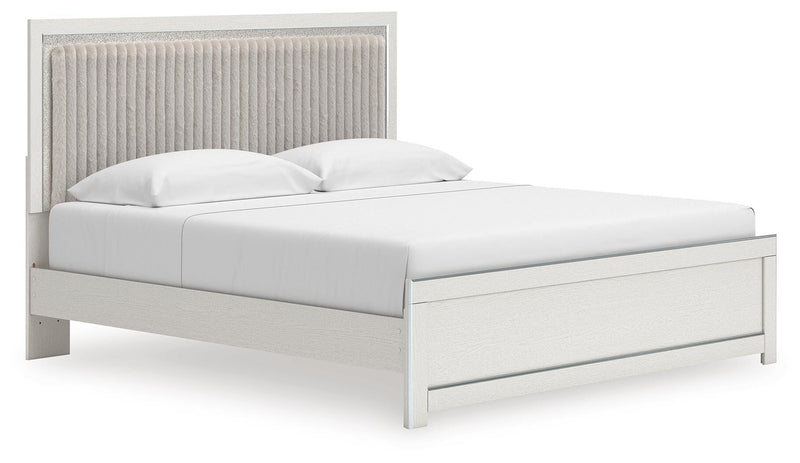 Zuraleus King Upholstered Panel Platform Bed, Chest and  Nightstand in White - PKG022817