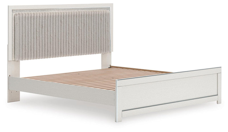 Zuraleus King Upholstered Panel Platform Bed, Dresser and Mirror in White - PKG022815
