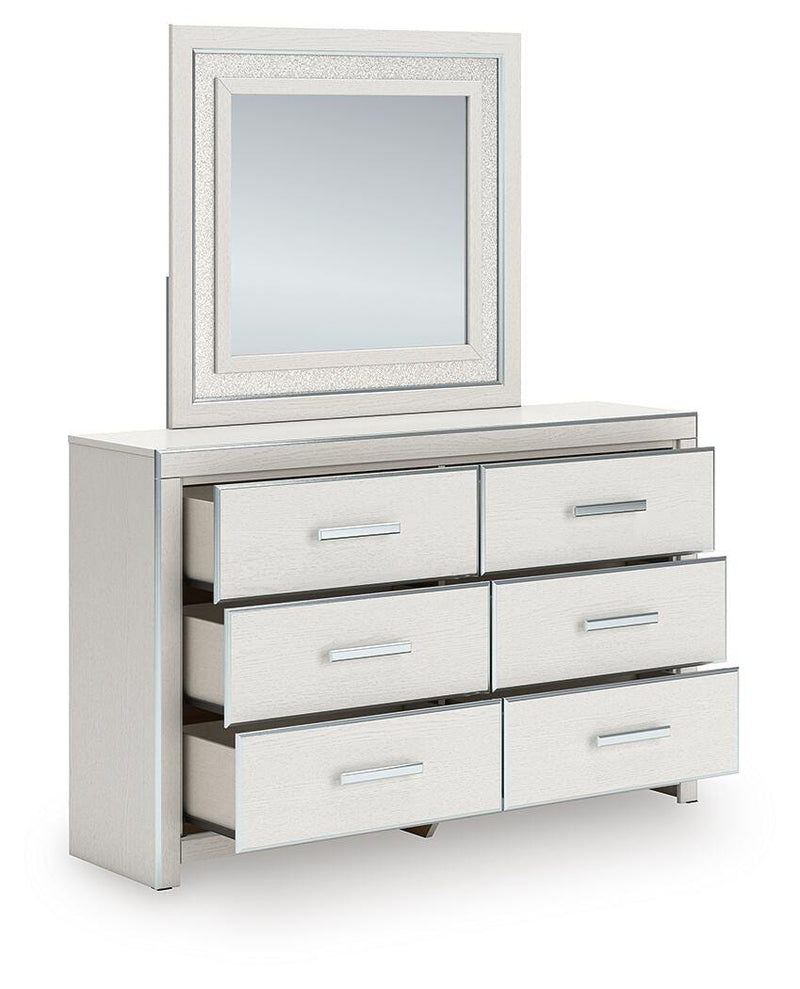 Zuraleus King Upholstered Panel Platform Bed, Dresser and Mirror in White - PKG022815