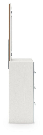 Zuraleus King Upholstered Panel Platform Bed, Dresser, Mirror and Nightstand in White - PKG022818