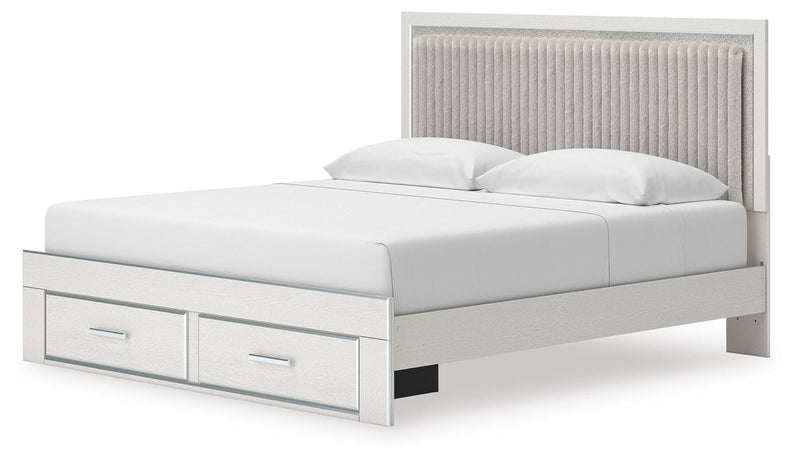 Zuraleus King Upholstered Panel Platform Storage Bed, Dresser and Mirror in White - PKG022823