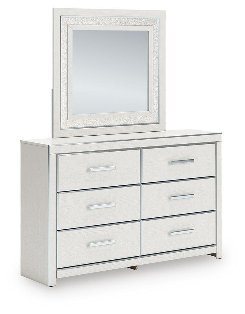 Zuraleus King Upholstered Panel Platform Storage Bed, Dresser and Mirror in White - PKG022823