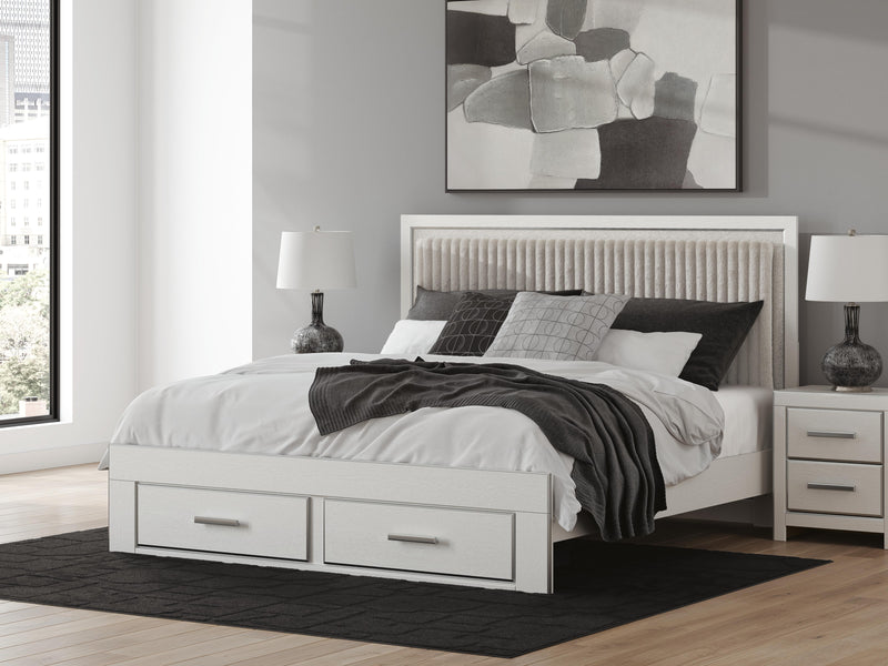 Zuraleus King Upholstered Panel Platform Storage Bed, Dresser and Nightstand in White - PKG022830