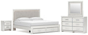 Zuraleus King Upholstered Panel Platform Storage Bed, Dresser, Mirror and Nightstand in White - PKG022826