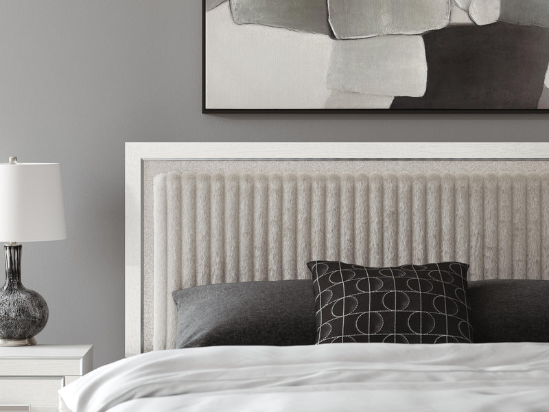 Zuraleus King Upholstered Panel Platform Storage Bed, Dresser, Mirror and Nightstand in White - PKG022826