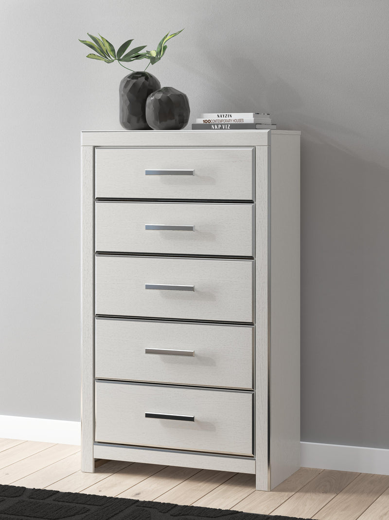 Zuraleus King Upholstered Panel Platform Storage Bed, Dresser, Mirror, Chest and Nightstand in White - PKG022828