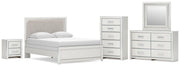 Zuraleus Queen Upholstered Panel Bed, Dresser, Mirror, Chest and Nightstand in White - PKG022812