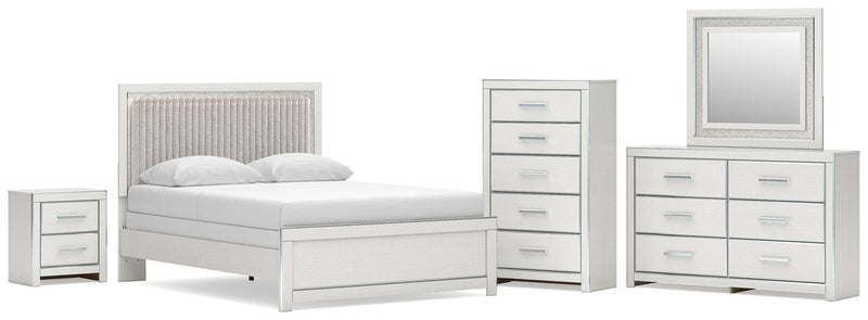 Zuraleus Queen Upholstered Panel Bed, Dresser, Mirror, Chest and Nightstand in White - PKG022812