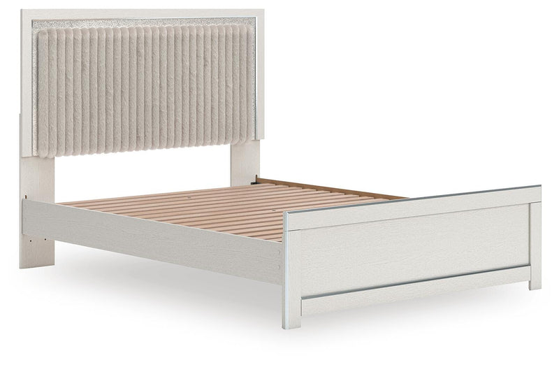 Zuraleus Queen Upholstered Panel Platform Bed, Dresser, Mirror and Chest in White - PKG022795