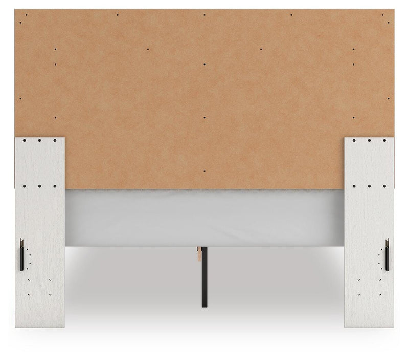 Zuraleus Queen Upholstered Panel Platform Bed, Dresser, Mirror and Chest in White - PKG022795