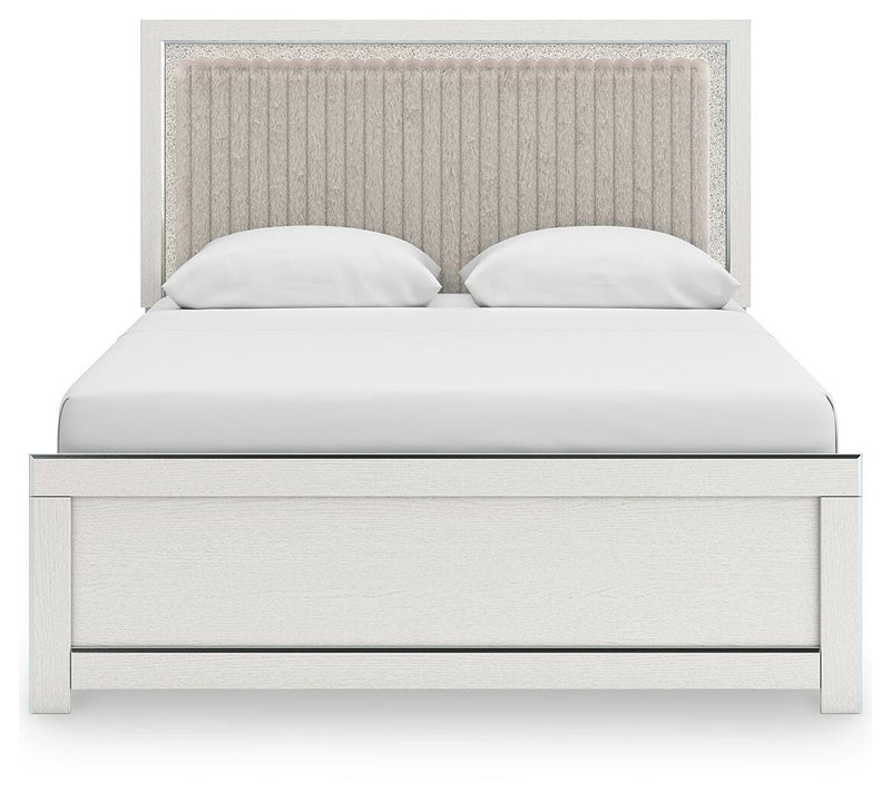 Zuraleus Queen Upholstered Panel Platform Bed, Dresser, Mirror, Chest and Nightstand in White - PKG022796