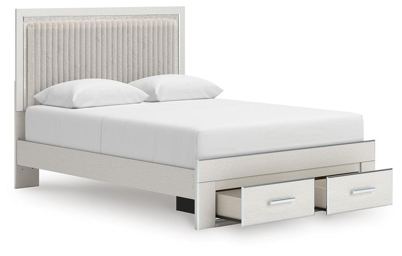 Zuraleus Queen Upholstered Panel Platform Storage Bed, Dresser, Mirror and Chest in White - PKG022803