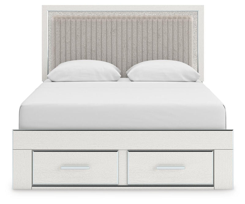Zuraleus Queen Upholstered Panel Platform Storage Bed, Dresser, Mirror, Chest and Nightstand in White - PKG022804