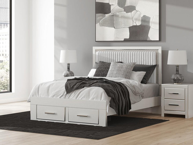 Zuraleus Queen Upholstered Panel Platform Storage Bed, Dresser, Mirror, Chest and Nightstand in White - PKG022804